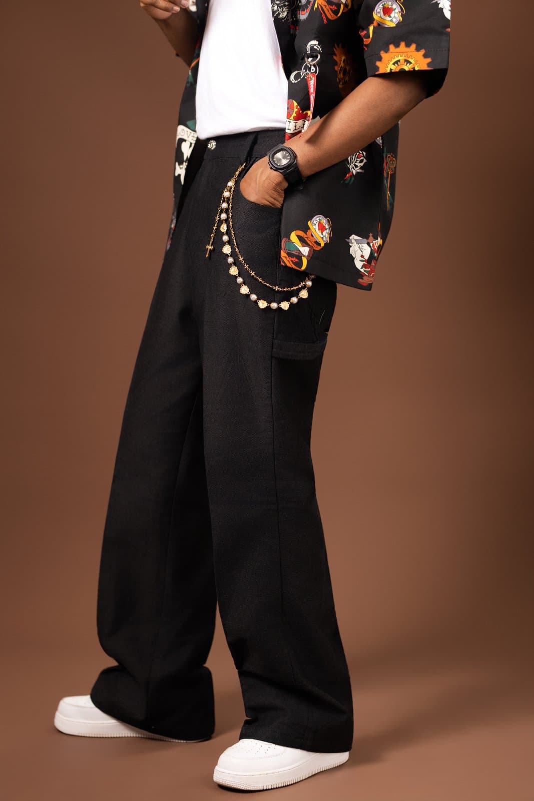 Textured Black Wide-Leg Pants