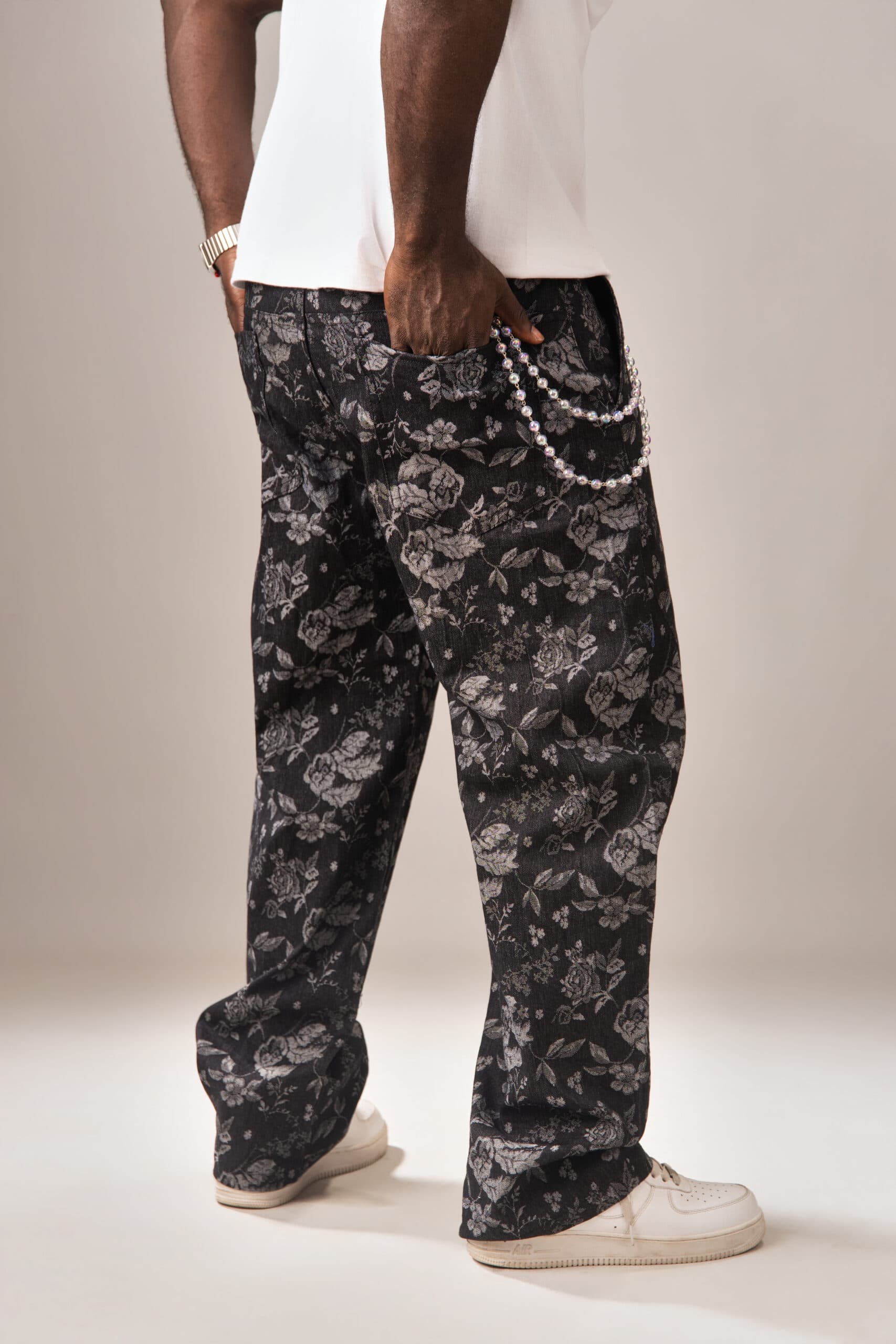 Black Denim Petals Tapestry Pants