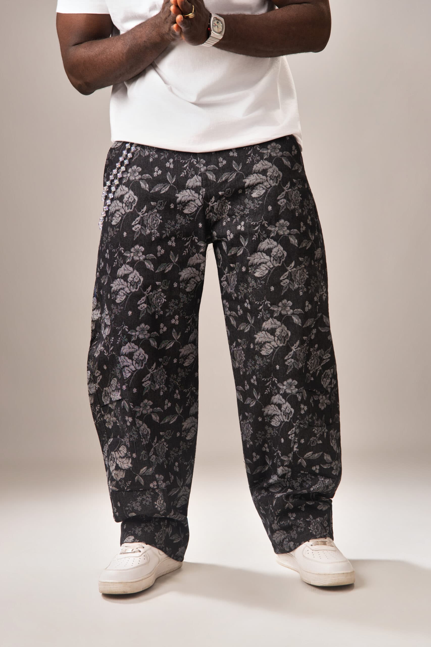 Black Denim Petals Tapestry Pants