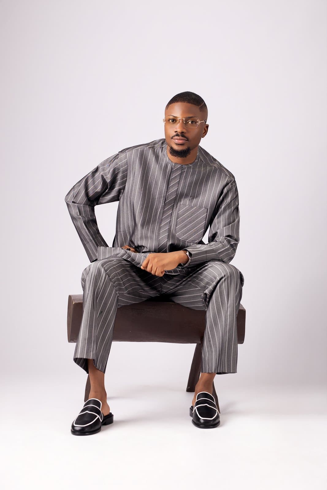 Charcoal Pinstripe Cashmere Kaftan Set