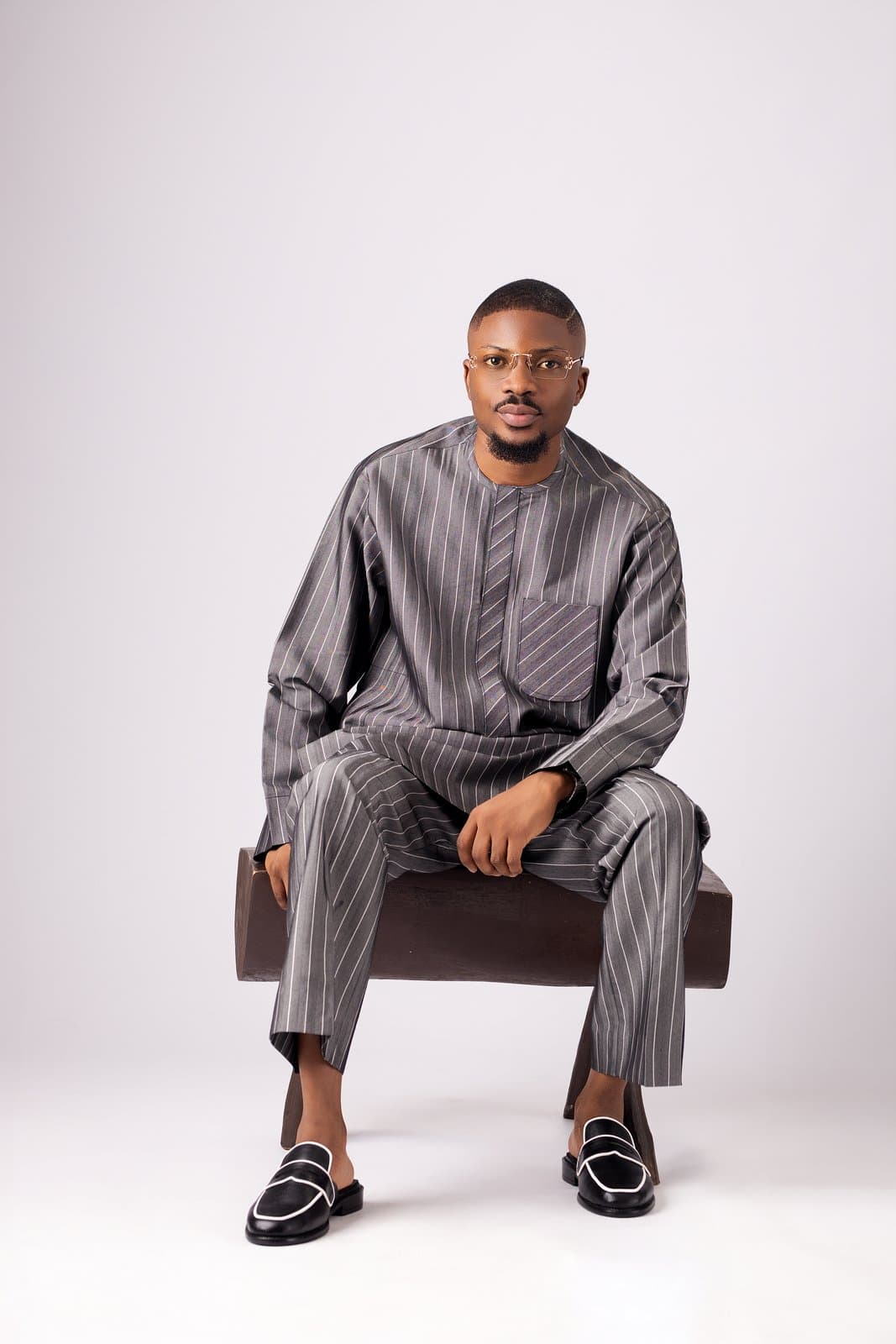 Charcoal Pinstripe Cashmere Kaftan Set